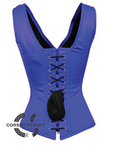 Blue Satin Shoulder Straps Zipper Gothic Burlesque Bustier Waist Training Overbust Corset Costume